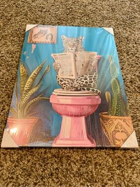Whimsical Leopard on Pink Toilet Canvas - Teal Background